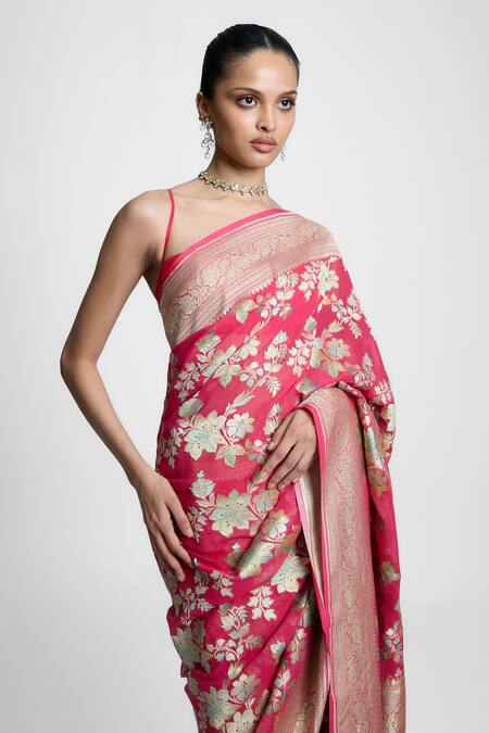 Ekaya Banaras Red Chiffon Embroidery, Zari Rani Pink Handwoven Saree Online at Aza Fashions Ekaya Banaras_Red Chiffon Embroidery, Zari Rani Pink Handwoven Saree_Online_at_Aza_Fashions