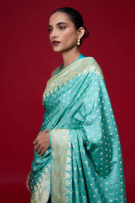 Ekaya Banaras_Turquoise Satin, Silk Embroidery Firozi Kadhwa Booti Saree_Online_at_Aza_Fashions