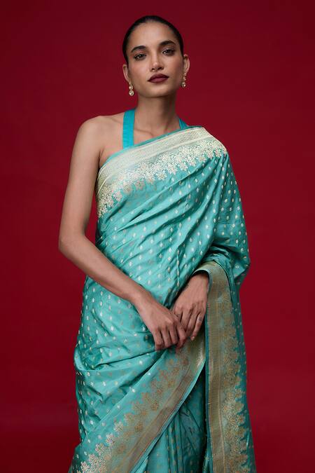 Buy_Ekaya Banaras_Turquoise Satin, Silk Embroidery Firozi Kadhwa Booti Saree_Online_at_Aza_Fashions