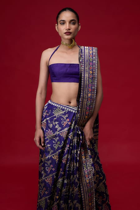 Shop Ekaya Banaras Purple Silk Embroidery, Zari Halter Neck Handwoven Kadhwa Saree at Aza Fashions Shop_Ekaya Banaras_Purple Silk Embroidery, Zari Halter Neck Handwoven Kadhwa Saree _at_Aza_Fashions