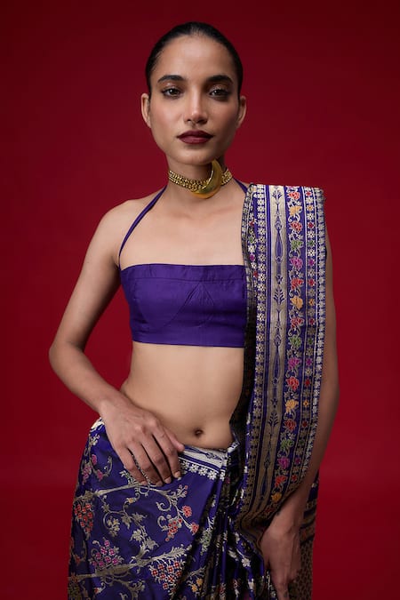 Ekaya Banaras Purple Silk Embroidery, Zari Halter Neck Handwoven Kadhwa Saree Online at Aza Fashions Ekaya Banaras_Purple Silk Embroidery, Zari Halter Neck Handwoven Kadhwa Saree _Online_at_Aza_Fashions