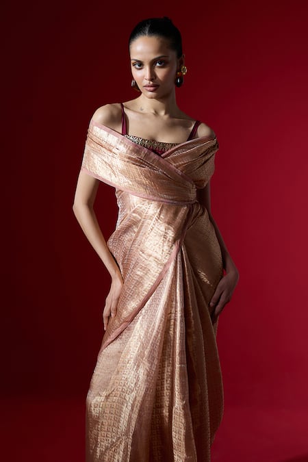 Ekaya Banaras_Peach Silk, Tissue Banarasi Saree _Online_at_Aza_Fashions