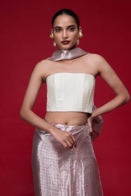 Ekaya Banaras_Purple Silk, Tissue, Cotton Square Neck Gazari Saree Set _Online_at_Aza_Fashions