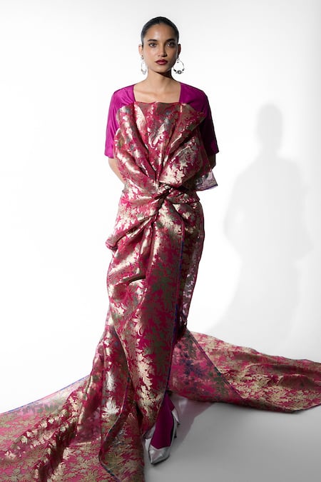 Shop_Ekaya Banaras_Pink Zari Banarasi Kora Tissue Saree _at_Aza_Fashions