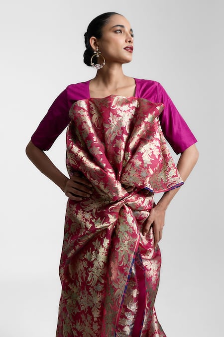 Ekaya Banaras_Pink Zari Banarasi Kora Tissue Saree _Online_at_Aza_Fashions