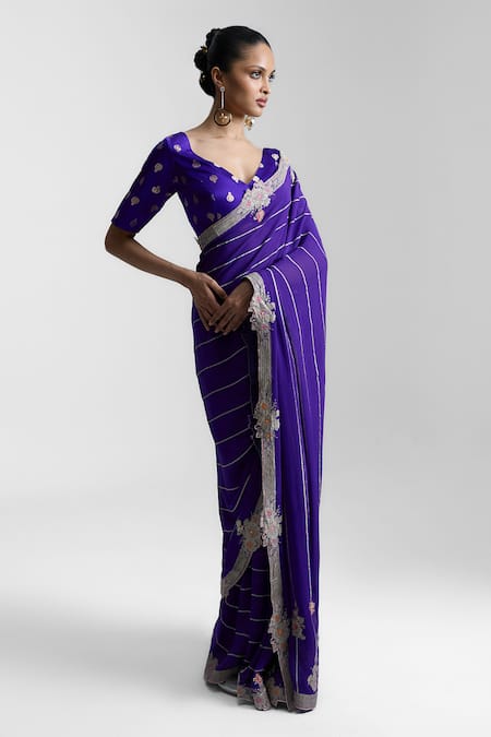 Shop Ekaya Banaras Purple Chiffon Embroidery V-neck Handwoven Saree at Aza Fashions Shop_Ekaya Banaras_Purple Chiffon Embroidery V-neck Handwoven Saree _at_Aza_Fashions