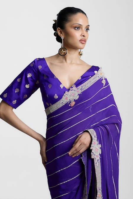 Ekaya Banaras Purple Chiffon Embroidery V-neck Handwoven Saree Online at Aza Fashions Ekaya Banaras_Purple Chiffon Embroidery V-neck Handwoven Saree _Online_at_Aza_Fashions