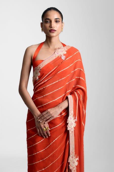 Shop Ekaya Banaras Rust Chiffon Embroidery Handwoven Saree at Aza Fashions Shop_Ekaya Banaras_Rust Chiffon Embroidery Handwoven Saree _at_Aza_Fashions