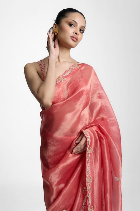 Shop Ekaya Banaras Peach Silk, Tissue Embroidery Fizz Handwoven Banarasi Saree at Aza Fashions Shop_Ekaya Banaras_Peach Silk, Tissue Embroidery Fizz Handwoven Banarasi Saree _at_Aza_Fashions