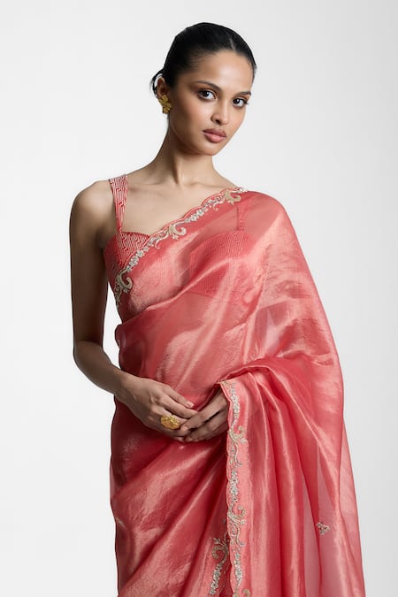 Ekaya Banaras Peach Silk, Tissue Embroidery Fizz Handwoven Banarasi Saree Online at Aza Fashions Ekaya Banaras_Peach Silk, Tissue Embroidery Fizz Handwoven Banarasi Saree _Online_at_Aza_Fashions