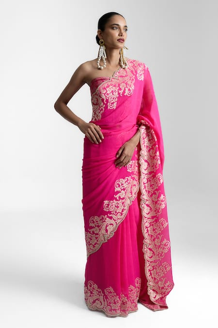 Shop Ekaya Banaras Red Chiffon Embroidery Handwoven Kadwa Saree at Aza Fashions Shop_Ekaya Banaras_Red Chiffon Embroidery Handwoven Kadwa Saree _at_Aza_Fashions