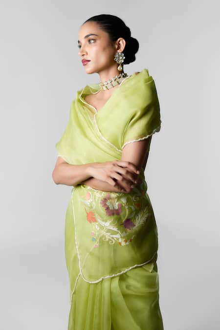 Ekaya Banaras_Green Kota Doria, Organza Embroidery Emerald Mist Kora Saree _Online_at_Aza_Fashions