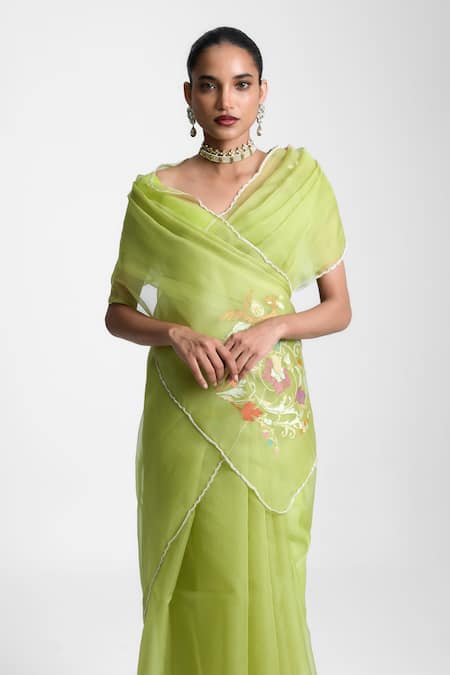 Shop_Ekaya Banaras_Green Kota Doria, Organza Embroidery Emerald Mist Kora Saree _at_Aza_Fashions