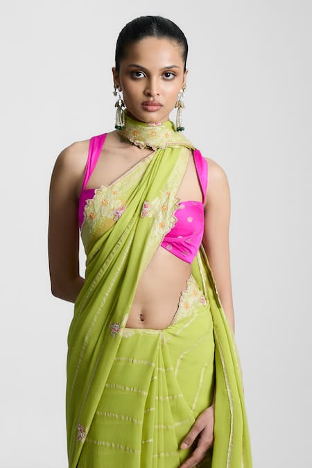 Shop Ekaya Banaras Green Chiffon Embroidery Round Neck Lush Lemonade Saree at Aza Fashions Shop_Ekaya Banaras_Green Chiffon Embroidery Round Neck Lush Lemonade Saree _at_Aza_Fashions
