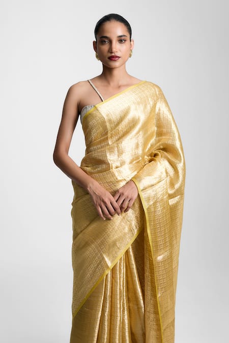 Shop Ekaya Banaras Mustard Silk, Tissue Gold Dust Saree at Aza Fashions Shop_Ekaya Banaras_Mustard Silk, Tissue Gold Dust Saree _at_Aza_Fashions