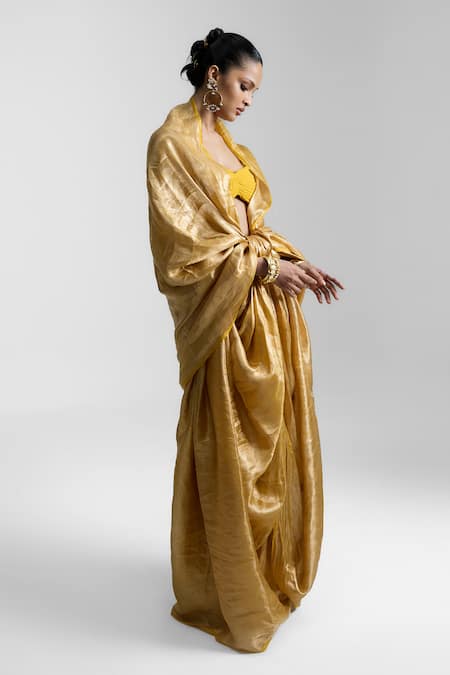 Shop Ekaya Banaras Gold Silk, Tissue Handwoven Saree at Aza Fashions Shop_Ekaya Banaras_Gold Silk, Tissue Handwoven Saree _at_Aza_Fashions