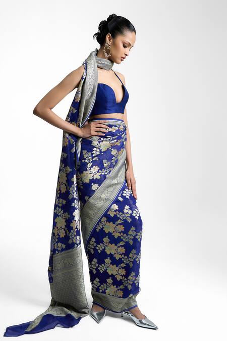 Ekaya Banaras_Purple Chiffon Embroidery, Zari Halter Neck Turquoise Tonic Handwoven Saree _Online_at_Aza_Fashions