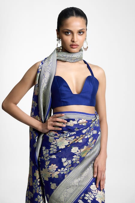 Buy_Ekaya Banaras_Purple Chiffon Embroidery, Zari Halter Neck Turquoise Tonic Handwoven Saree _Online_at_Aza_Fashions