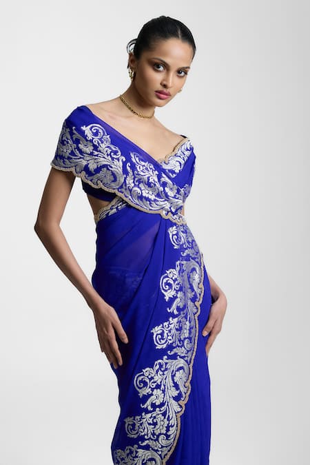 Shop_Ekaya Banaras_Purple Chiffon Embroidery V-neck Banarasi Kadhwa Saree _at_Aza_Fashions