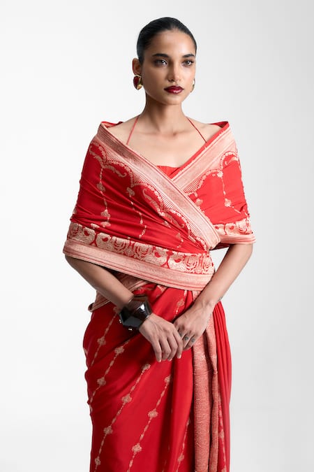 Ekaya Banaras Red Chiffon Zari, Embroidery Vermillion Sunset Saree Online at Aza Fashions Ekaya Banaras_Red Chiffon Zari, Embroidery Vermillion Sunset Saree _Online_at_Aza_Fashions