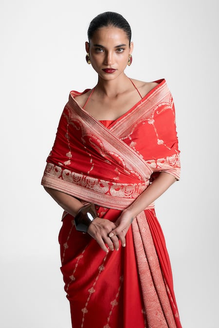 Buy Ekaya Banaras Red Chiffon Zari, Embroidery Vermillion Sunset Saree Online at Aza Fashions Buy_Ekaya Banaras_Red Chiffon Zari, Embroidery Vermillion Sunset Saree _Online_at_Aza_Fashions