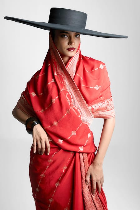 Shop Ekaya Banaras Red Chiffon Zari, Embroidery Vermillion Sunset Saree at Aza Fashions Shop_Ekaya Banaras_Red Chiffon Zari, Embroidery Vermillion Sunset Saree _at_Aza_Fashions