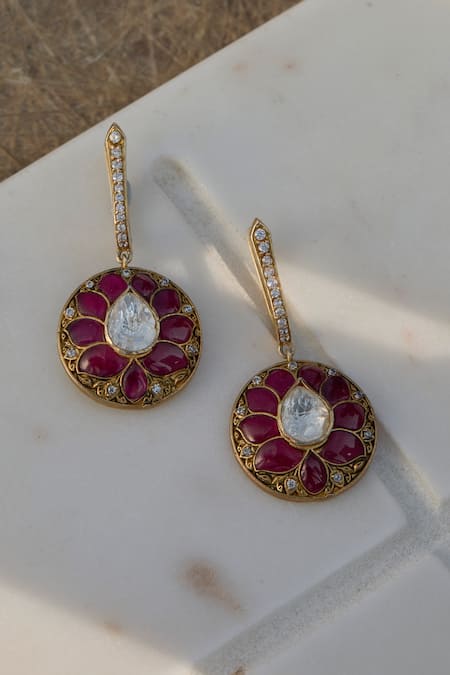 Kaari_Gold Plated Red And Polki Round Motif Earrings _Online_at_Aza_Fashions