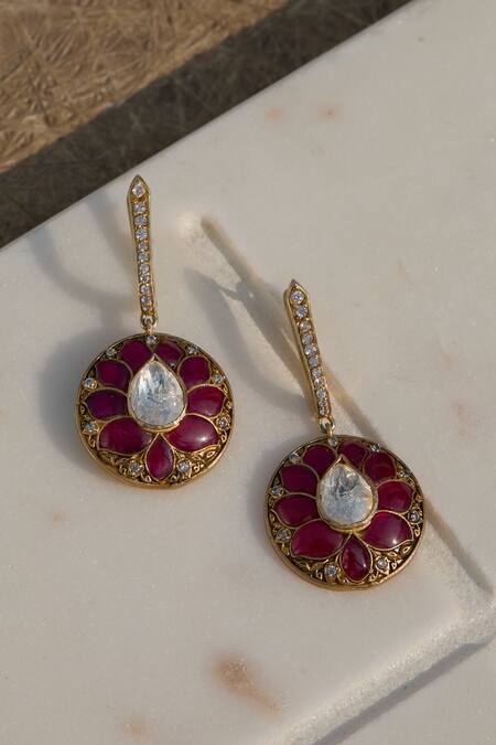 Shop_Kaari_Gold Plated Red And Polki Round Motif Earrings _at_Aza_Fashions