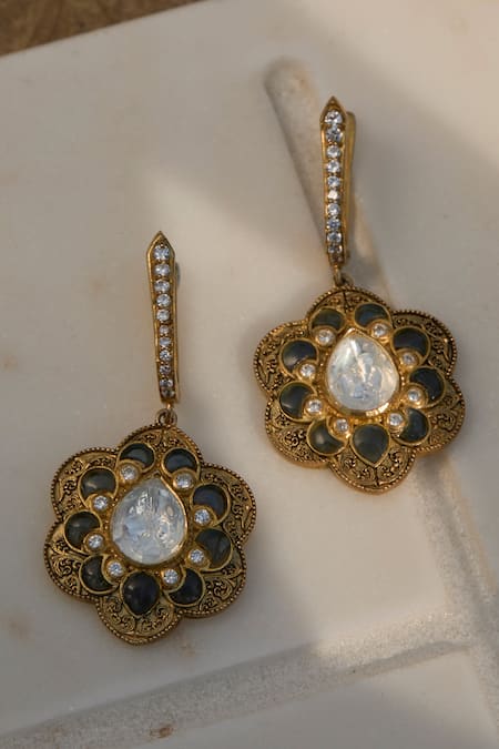 Kaari_Gold Plated Stones Designer Polki Dangler Earrings _Online_at_Aza_Fashions