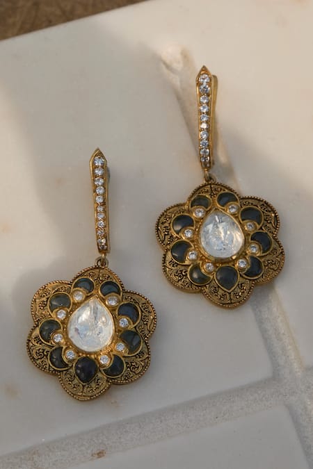 Shop_Kaari_Gold Plated Stones Designer Polki Dangler Earrings _at_Aza_Fashions