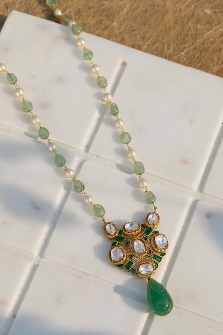 Shop_Kaari_Gold Plated Long Polki Pendant Necklace _at_Aza_Fashions