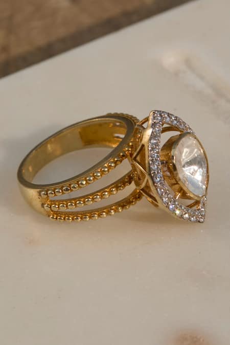 Kaari_Gold Plated Beads, Stones Marquise Polki Ring _Online_at_Aza_Fashions