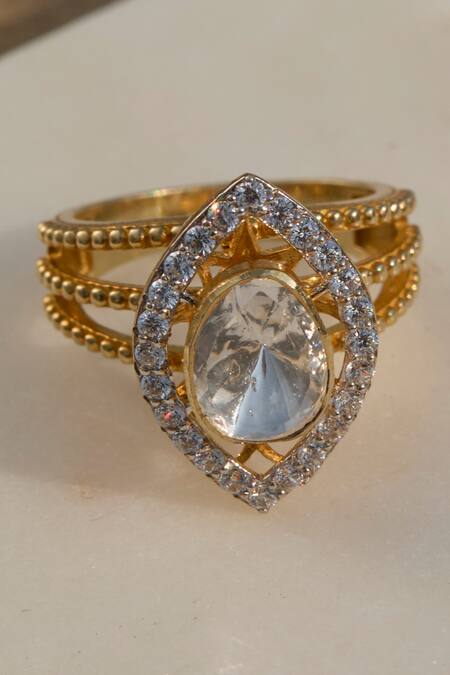 Shop_Kaari_Gold Plated Beads, Stones Marquise Polki Ring _at_Aza_Fashions
