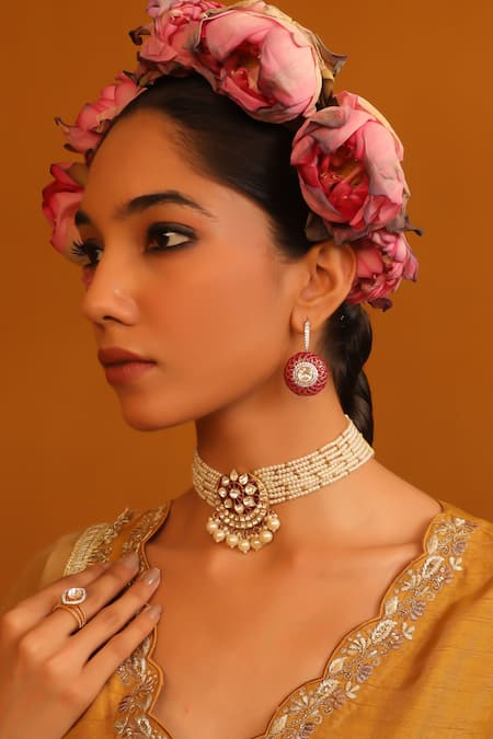 Shop_Kaari_Gold Plated Beads, Stones Marquise Polki Ring _Online_at_Aza_Fashions