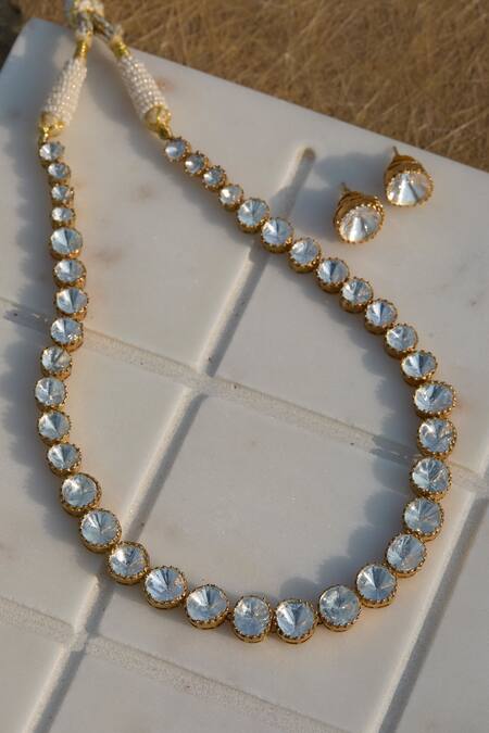 Shop_Kaari_Gold Plated Crystals Polki Necklace Set With Earrings _at_Aza_Fashions