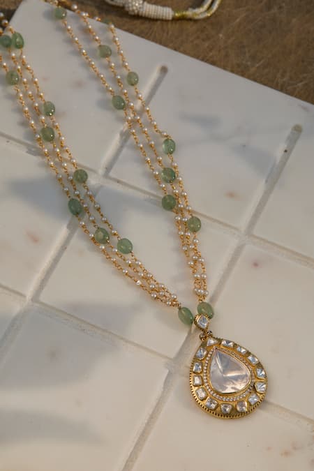 Shop_Kaari_Green Moissanite Polki Drop Motif Pendant Necklace _at_Aza_Fashions