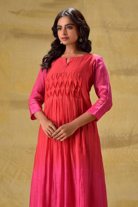 Buy_Gulabik Jaipur_Red Cotton Embroidery Ombre Hand Dyed Kurta Set _Online_at_Aza_Fashions