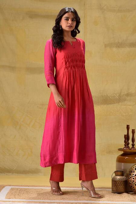 Shop_Gulabik Jaipur_Red Cotton Embroidery Ombre Hand Dyed Kurta Set _Online_at_Aza_Fashions