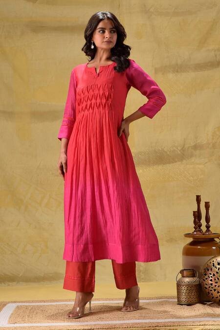 Gulabik Jaipur_Red Cotton Embroidery Ombre Hand Dyed Kurta Set _at_Aza_Fashions