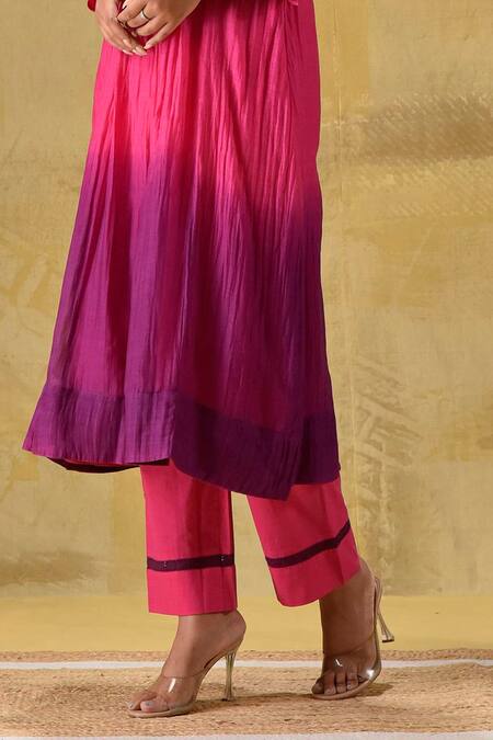 Gulabik Jaipur_Purple Chanderi, Cotton Round Neck Ombre Hand Dyed Kurta Set _Online_at_Aza_Fashions