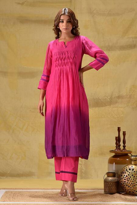 Buy_Gulabik Jaipur_Purple Chanderi, Cotton Round Neck Ombre Hand Dyed Kurta Set _Online_at_Aza_Fashions
