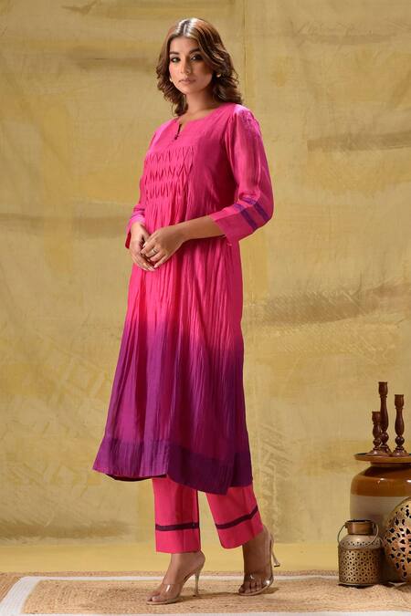 Shop_Gulabik Jaipur_Purple Chanderi, Cotton Round Neck Ombre Hand Dyed Kurta Set _Online_at_Aza_Fashions