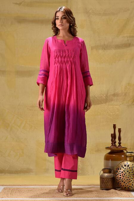 Gulabik Jaipur_Purple Chanderi, Cotton Round Neck Ombre Hand Dyed Kurta Set _at_Aza_Fashions