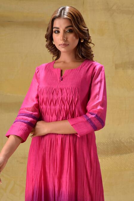 Buy_Gulabik Jaipur_Purple Chanderi, Cotton Round Neck Ombre Hand Dyed Kurta Set 