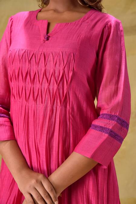 Shop_Gulabik Jaipur_Purple Chanderi, Cotton Round Neck Ombre Hand Dyed Kurta Set 