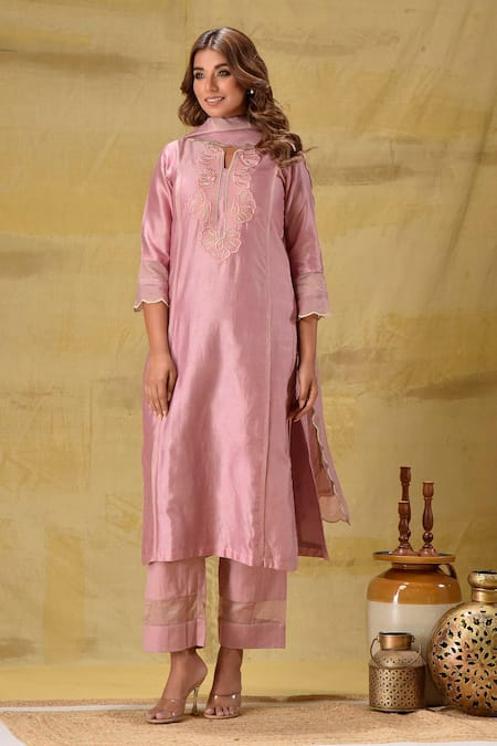 Shop_Gulabik Jaipur_Peach Chanderi, Cotton Embroidery Split V-neck Dusty Kurta Set _Online_at_Aza_Fashions