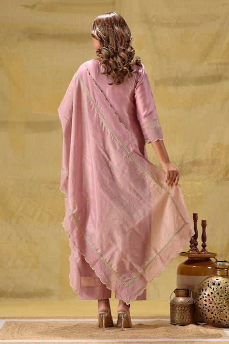 Shop_Gulabik Jaipur_Peach Chanderi, Cotton Embroidery Split V-neck Dusty Kurta Set _at_Aza_Fashions