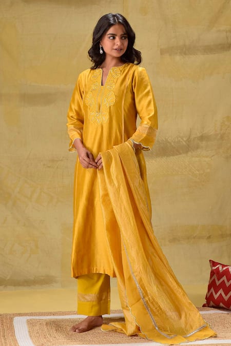Shop_Gulabik Jaipur_Yellow Chanderi Embroidery Split V-neck Kurta Set _at_Aza_Fashions