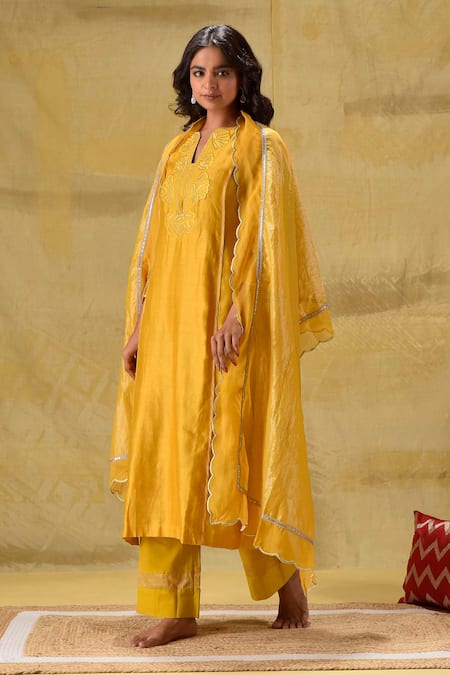 Shop_Gulabik Jaipur_Yellow Chanderi Embroidery Split V-neck Kurta Set _Online_at_Aza_Fashions