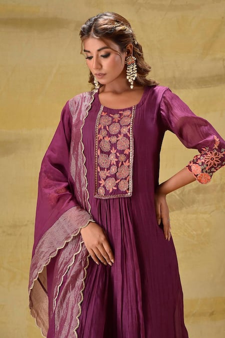 Gulabik Jaipur_Purple Cotton Embroidery Round Neck Deep Kurta Set _Online_at_Aza_Fashions